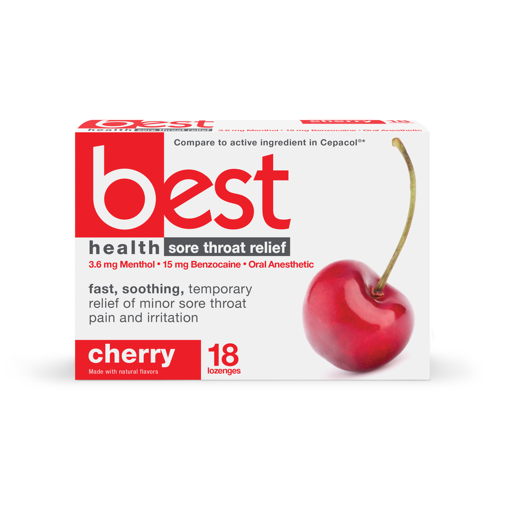 Benzocaine + Menthol Cherry 15mg + 3.6mg lozenges 18 count