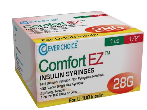 [200234] Clever Choice Comfort EZ Insulin Syringes 28 G 1 cc 1/2 in. (12mm) 100BX