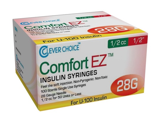 [200235] Clever Choice Comfort EZ Insulin Syringes 28 G .5 cc 1/2 in. (12mm) 100BX