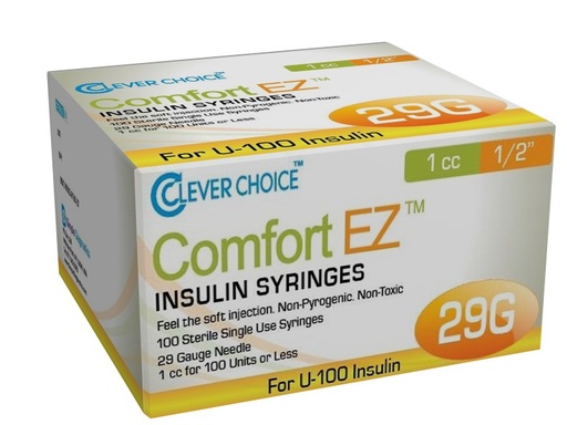 [200236] Clever Choice Comfort EZ Insulin Syringes 29 G 1 cc 1/2 in. (12mm) 100BX
