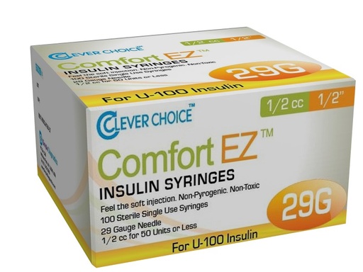 [200237] Clever Choice Comfort EZ Insulin Syringes 29 G .5 cc 1/2 in. (12mm) 100BX