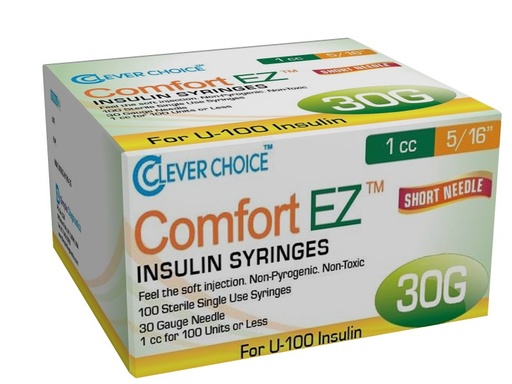 [200238] Clever Choice Comfort EZ Insulin Syringes 30 G 1 cc 5/16 in. (8mm) 100BX