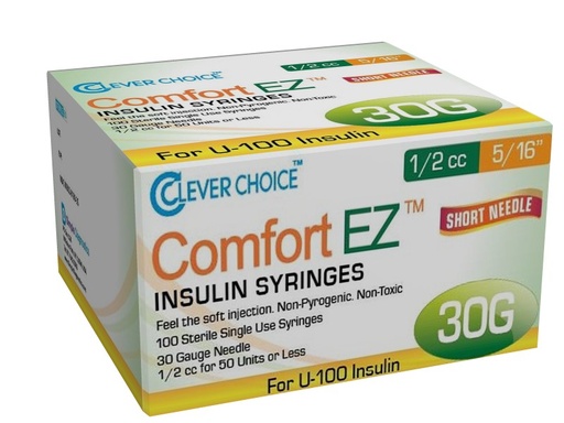 [200239] Clever Choice Comfort EZ Insulin Syringes 30 G .5 cc 5/16 in. (8mm) 100BX