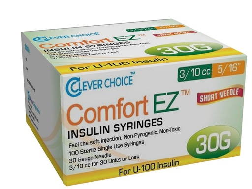 [200240] Clever Choice Comfort EZ Insulin Syringes 30 G .3 cc 5/16 in. (8mm) 100BX