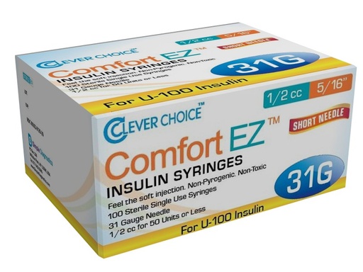[200242] Clever Choice Comfort EZ Insulin Syringes 31 G 0.5 cc 5/16 in. (8mm) 100BX